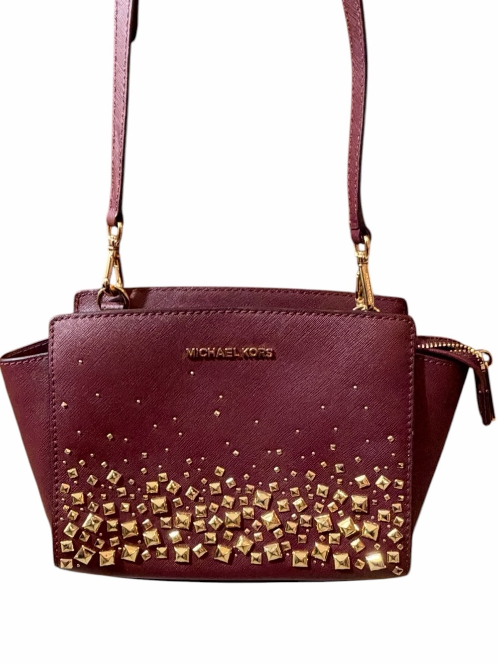 Michael Kors Wine Leather Crossbody with Gold Stud Detail